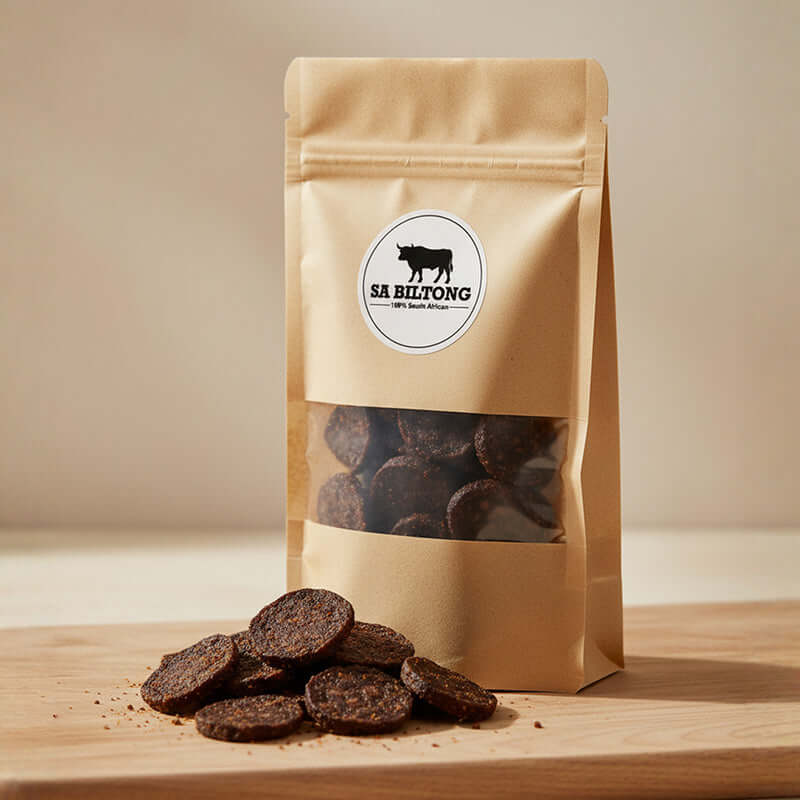 Chutney wheels in a kraft packaging with a transparent window showcasing the biltong snacks inside.