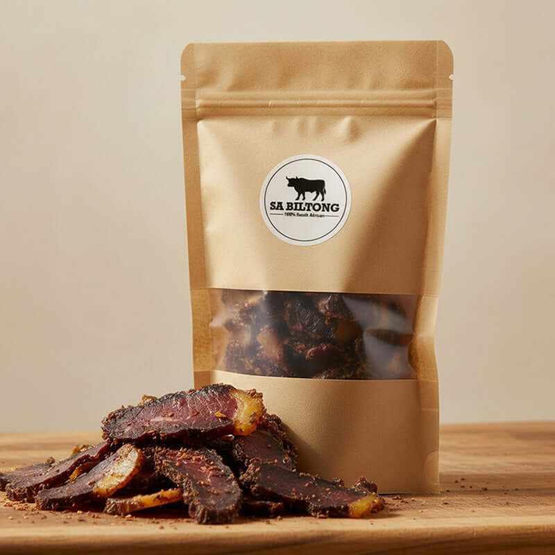 Packaged geelvet biltong with sliced pieces inside a sealed kraft bag, displaying the natural colour, texture, and traditional preparation of the biltong.
