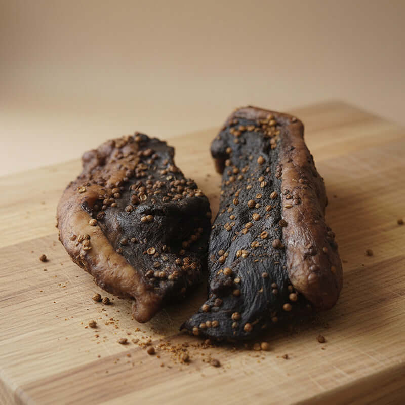 Biltong & Droëwors Online - Quality air-dried biltong pieces on a wooden board with spices.