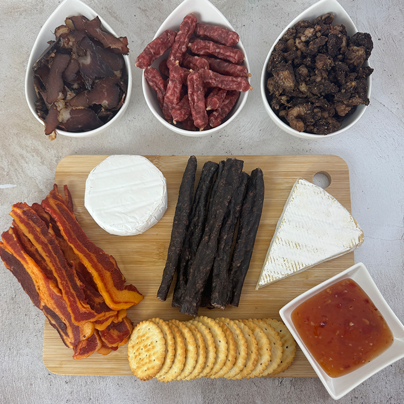 Biltong Braai Box hamper meat selection including 250g biltong, droëwors, salami bites, nuggets and bacon