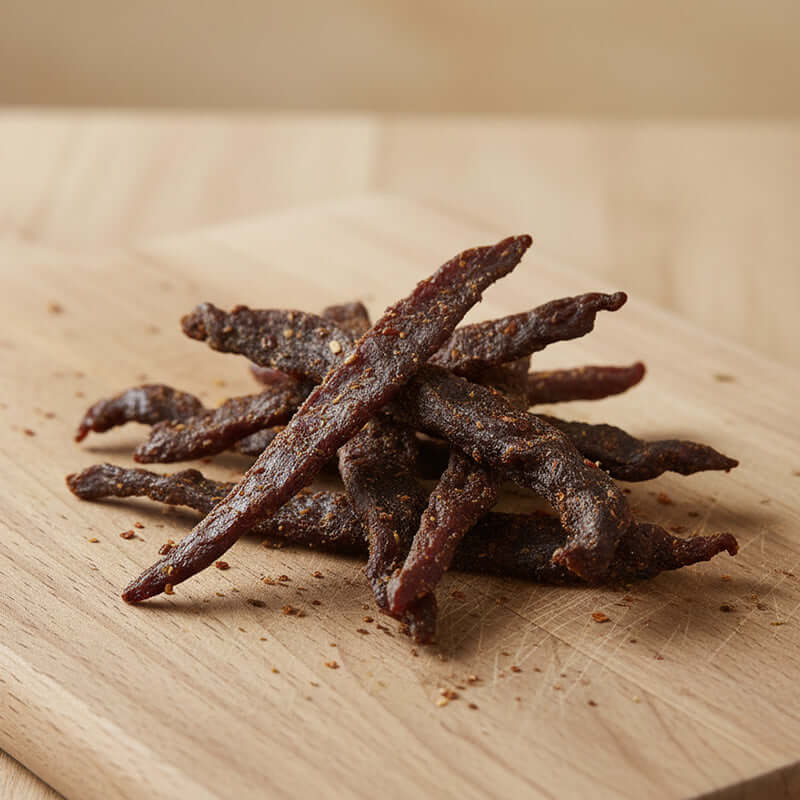 Chilli Biltong Sticks arranged on a wooden platter, showcasing their rich color and spicy seasoning.