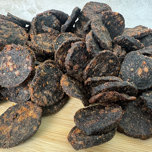 amazing biltong chutney wheels on a wood board with all the flavour you can see on the biltong wheels