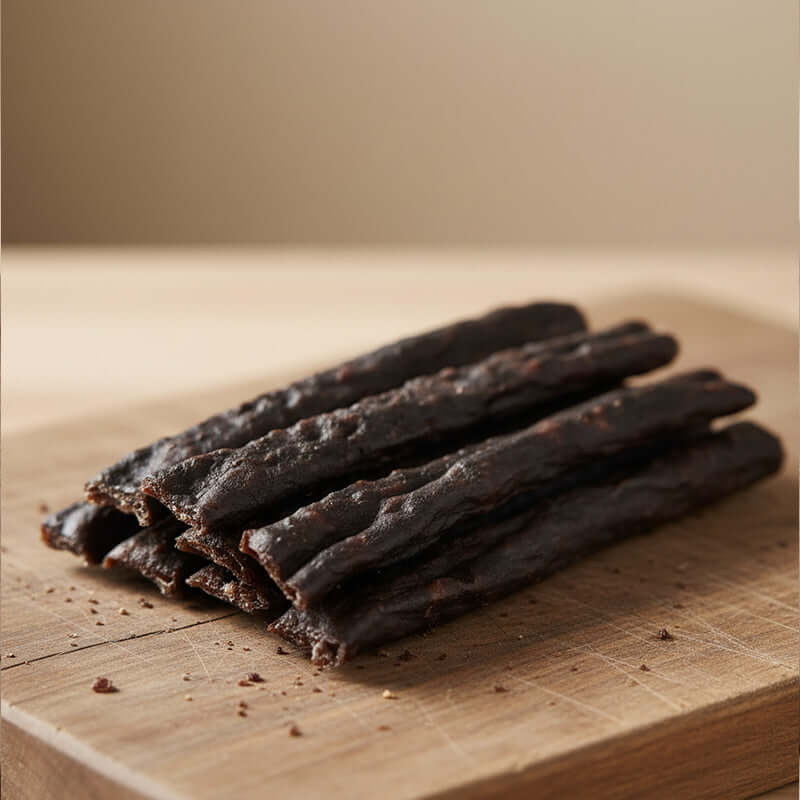 Kudu Droëwors sticks on a wooden board, showcasing a rich texture and dark color.