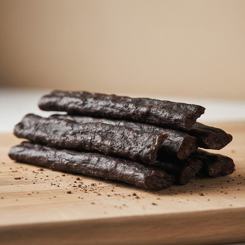 Traditional beef droëwors made from premium South African beef, air-dried and stacked on a wooden board
