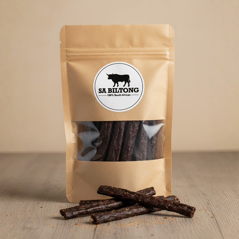 Packaged beef droëwors made from premium South African beef, freshly packed and ready for delivery