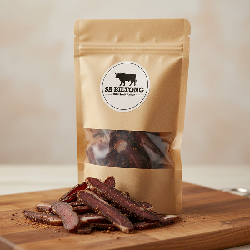 Packaged whole biltong piece made from premium South African beef, freshly packed and ready for delivery