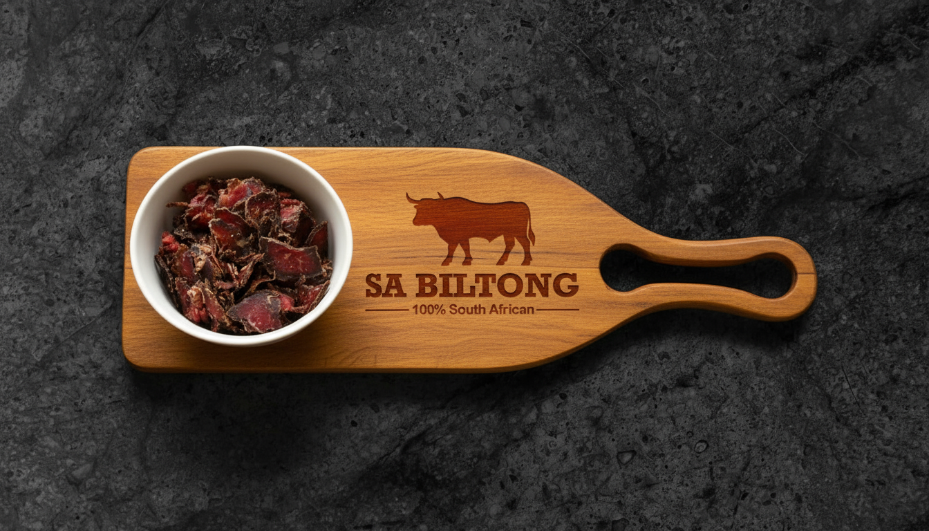 sa biltong logo on an biltong board with a bowl of biltong on a black granite top