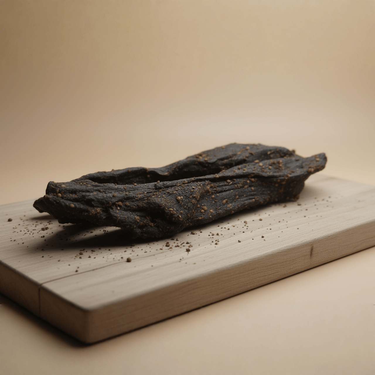 Whole biltong piece made from premium South African beef, traditionally air-dried and served uncut on a wooden board
